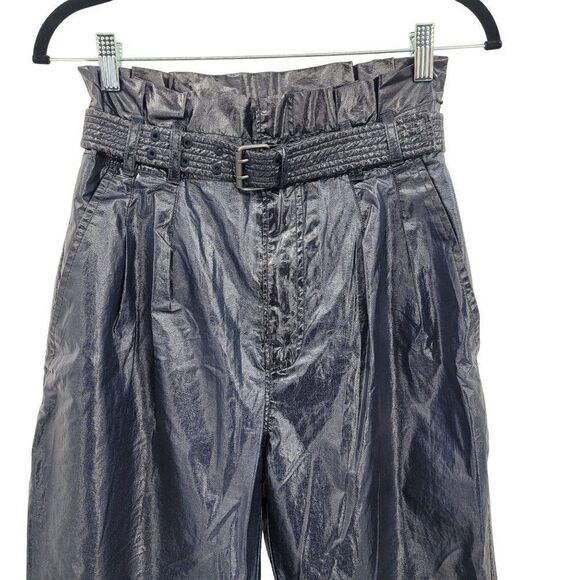 Free People Pants Faux Leather High Rise Paperbag Tapered Belted Metallic 4 - Picture 8 of 17